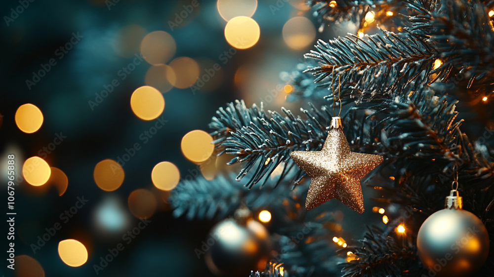 A close-up view of a decorated Christmas tree with shimmering ornaments and golden lights A close-up view of a decorated Christmas tree with shimmering ornaments and golden lights