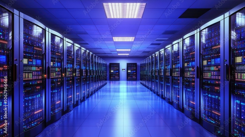 Modern Data Center with Rows of Servers and Blue Lighting Modern Data Center with Rows of Servers and Blue Lighting