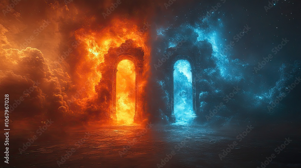The gates to heaven and hell stand side by side, symbolizing the moral choice between good and evil in a religious and spiritual context. The gates to heaven and hell stand side by side, symbolizing the moral choice between good and evil in a religious and spiritual context.
