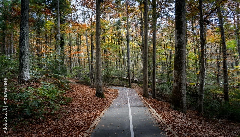 Fototapeta premium A bike trail leading through lush trees