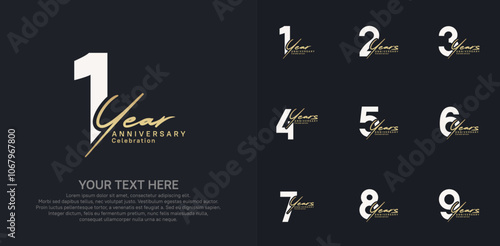 Anniversary logo set vector design, white and gold color for celebration event