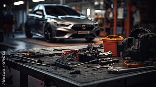 A spanner lying on a soft, black work mat in a high-tech garage, with advanced automotive tools and diagnostic equipment visible in the background. 