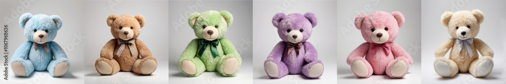 Set of 6 colorful teddy bears in various colors on light background Set of 6 colorful teddy bears in various colors on light background