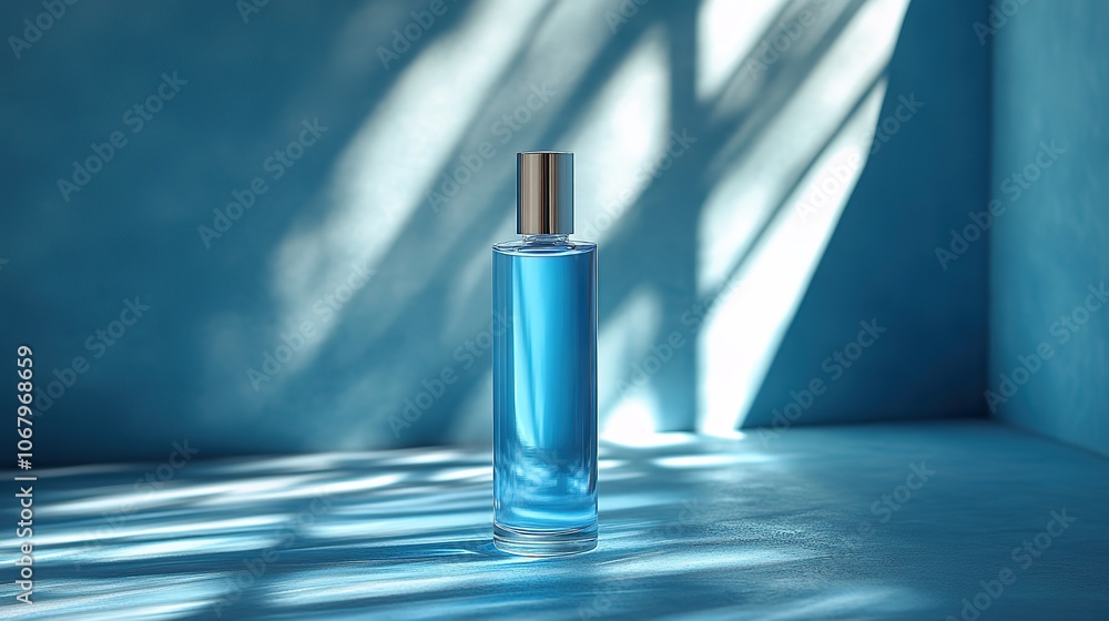 Transparent perfume bottle on a blue background, a clean mockup for branding beauty and skincare products. Transparent perfume bottle on a blue background, a clean mockup for branding beauty and skincare products.