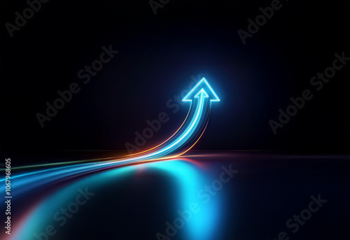 A bright blue neon arrow points upwards, leaving a glowing trail behind it.