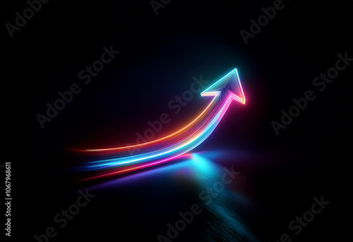 A glowing neon arrow pointing upward with a vibrant pink and blue light.