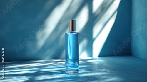Transparent perfume bottle on a blue background, a clean mockup for branding beauty and skincare products.