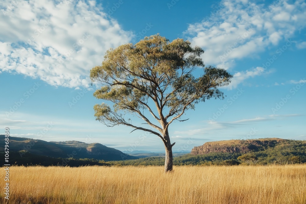 A native tree standing strong in a wild landscape, a symbol of regional identity A native tree standing strong in a wild landscape, a symbol of regional identity