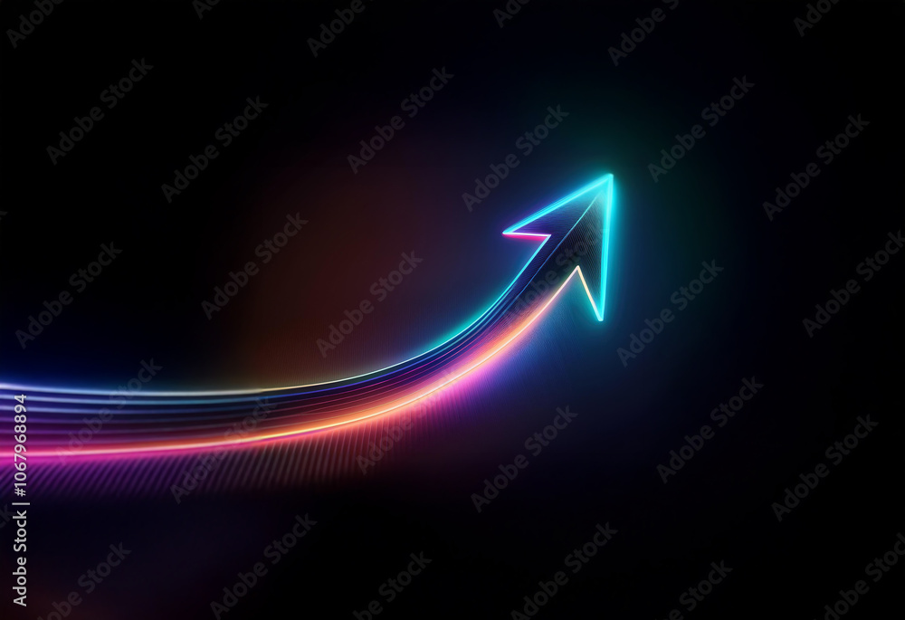 A vibrant, glowing neon arrow points upward, its trail streaking across a dark background. A vibrant, glowing neon arrow points upward, its trail streaking across a dark background.