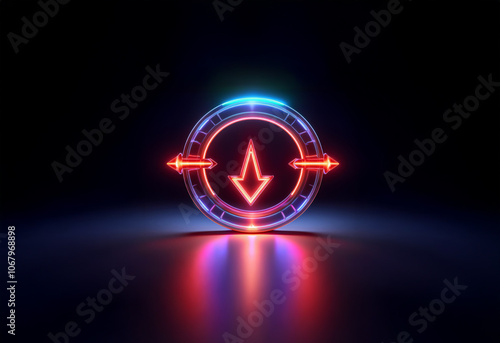 A glowing red arrow pointing down inside a blue and red circle on a dark background. The arrow and circle are glowing with neon light and are reflected on the surface below.