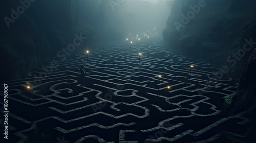 A surreal landscape where iron rods form a labyrinthine maze, with eerie lighting and fog creating a mysterious, otherworldly atmosphere.  photo