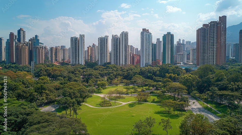 Obraz premium A panoramic view of a city park surrounded by tall buildings, offering a green oasis amidst the urban environment