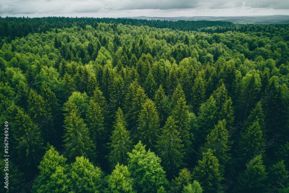 A panoramic view of a forest from above, with a sea of green treetops stretching into the distance A panoramic view of a forest from above, with a sea of green treetops stretching into the distance