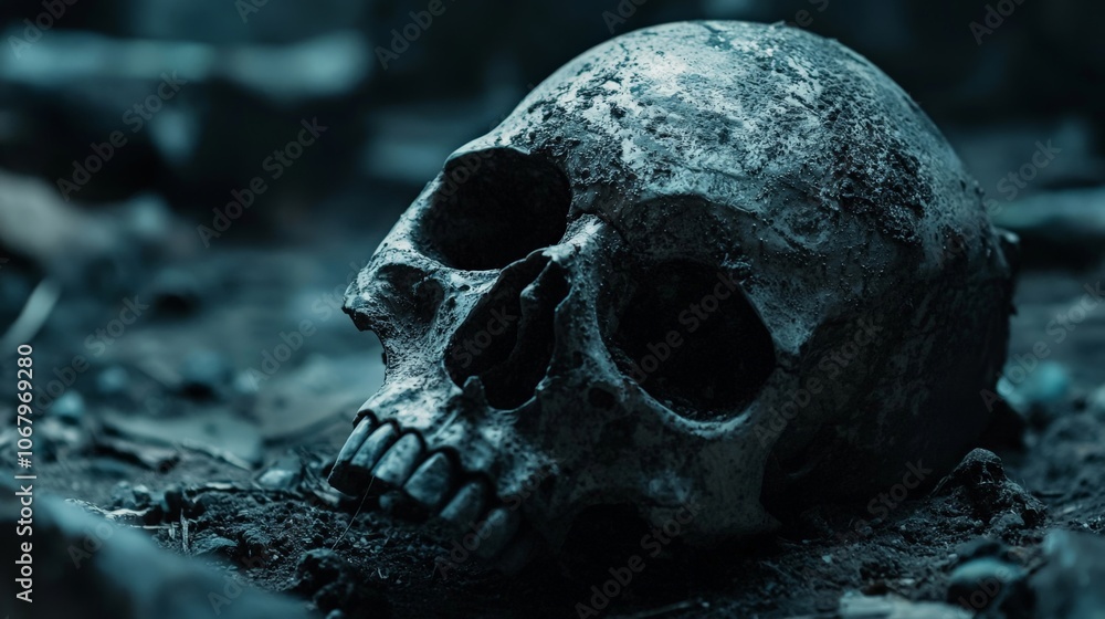 Skull as part of an ancient ritual artifact, eerie and powerful, dark tones Skull as part of an ancient ritual artifact, eerie and powerful, dark tones