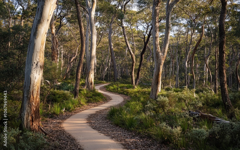 Fototapeta premium A path winding through a forest of native trees, each tree supporting the surrounding ecosystem