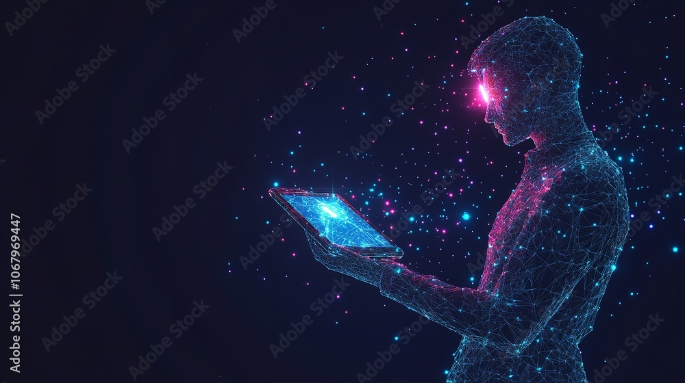 Abstract wireframe man holding tablet with AI chip hologram Abstract wireframe man holding tablet with AI chip hologram