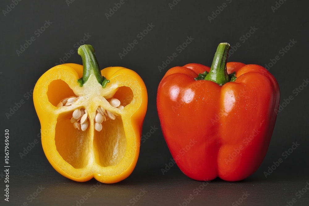 A pepper cut in half, with its seeds visible inside, sitting next to a whole pepper A pepper cut in half, with its seeds visible inside, sitting next to a whole pepper