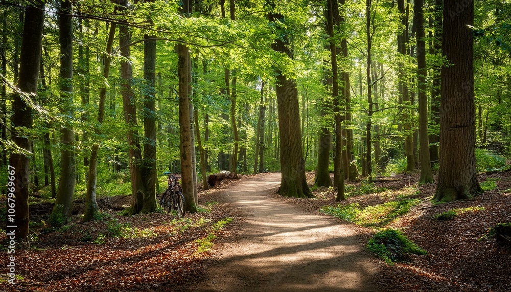 Fototapeta premium A bike trail leading through lush trees
