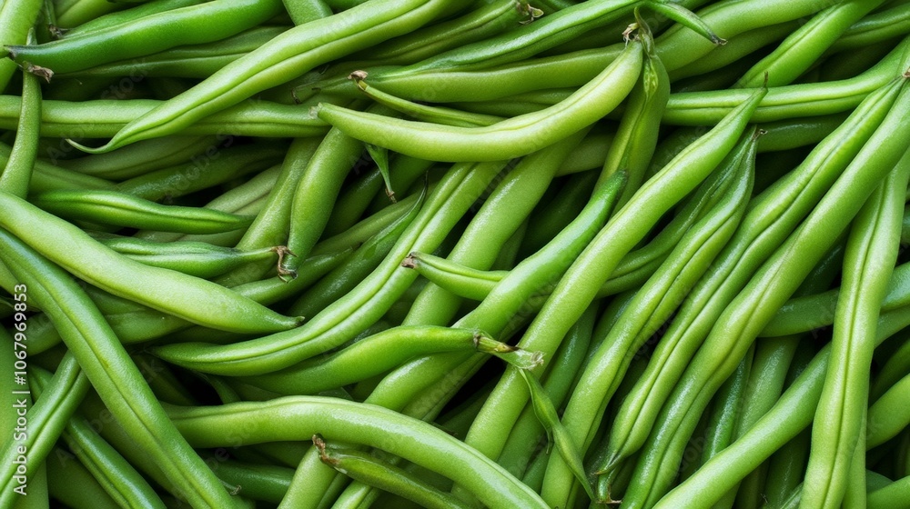 A pile of green beans, some whole and some cut, arranged in a simple yet elegant display A pile of green beans, some whole and some cut, arranged in a simple yet elegant display