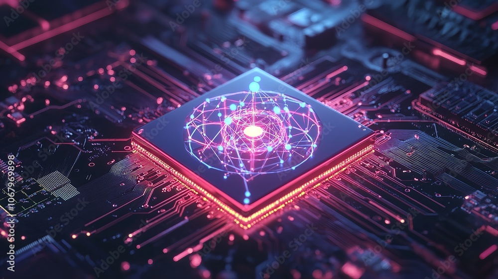 Obraz premium Chip and abstract digital atom icon on technology background