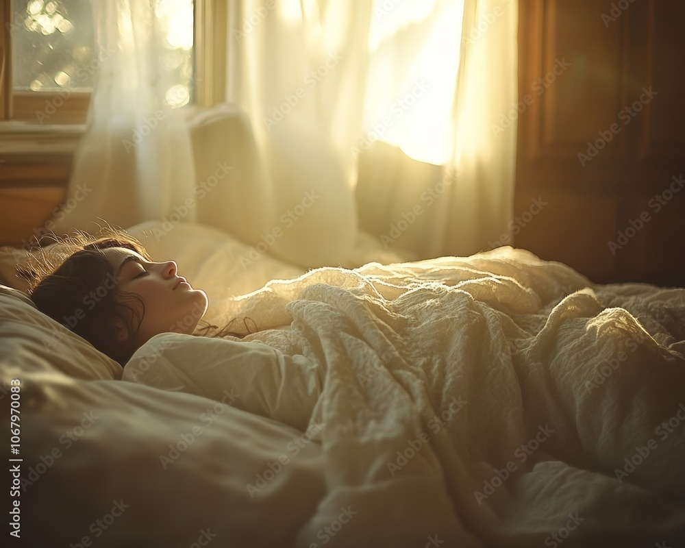Serene Morning Nap Woman Resting in Sunlit Bedroom Embracing Digital-Free Comfort Serene Morning Nap Woman Resting in Sunlit Bedroom Embracing Digital-Free Comfort