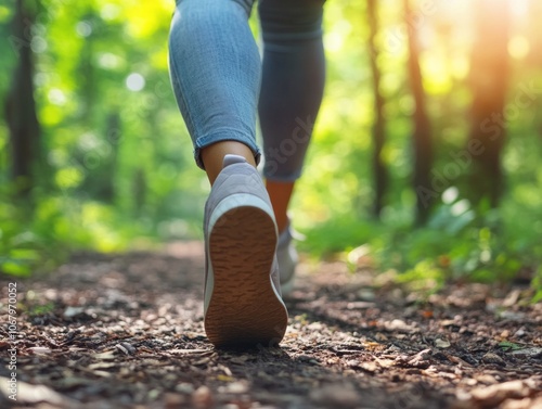 Serene Walking in Sunlit Forest Focus on Mindfulness and Nature Connection