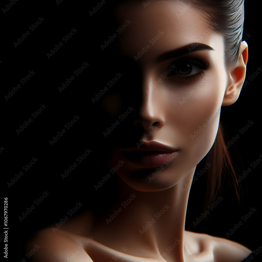 Fototapeta premium Mysterious woman's face in shadow with dramatic lighting and intense expression