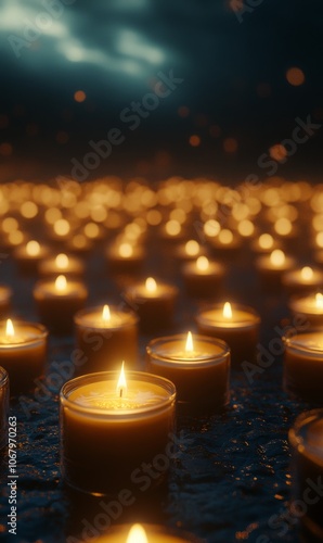 Wallpaper Mural Rows of memorial candles in a dark setting, glowing softly, symbolizing remembrance, empty space around Torontodigital.ca