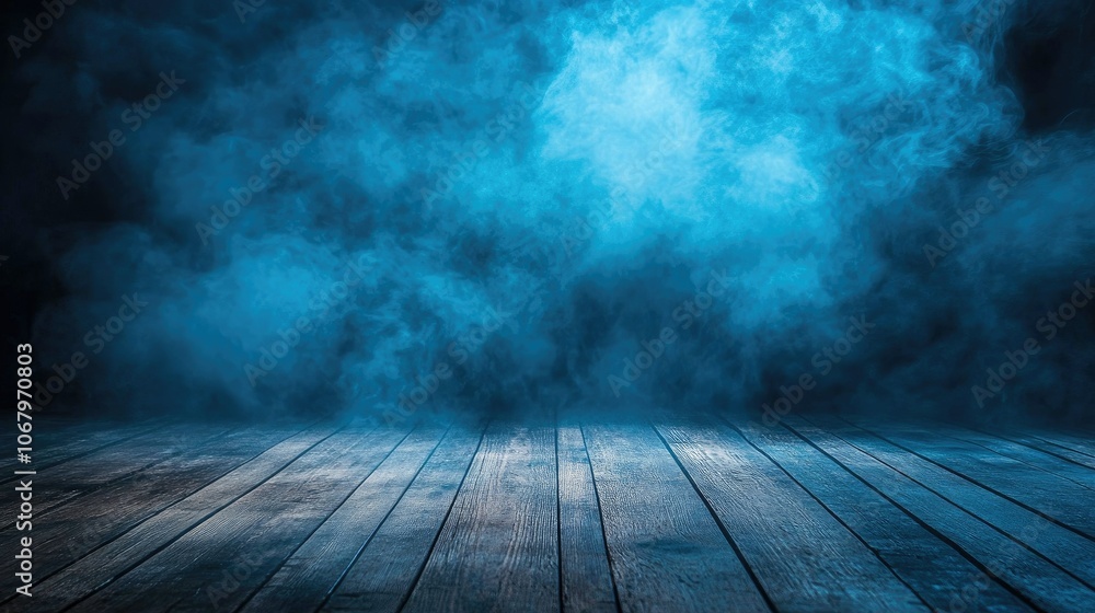 Blue Smoky Background with Wooden Floor Texture Blue Smoky Background with Wooden Floor Texture