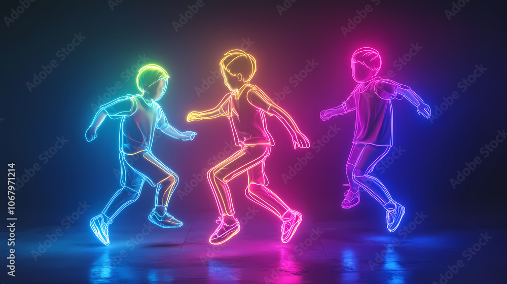 Playing kids statue in neon lights. Neon. Illustration Playing kids statue in neon lights. Neon. Illustration