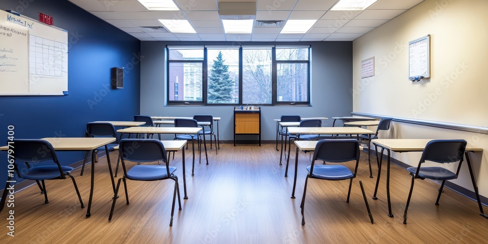 Traditional exam room layout with neatly aligned chairs and desks, representing the classic classroom setup for focused studying Traditional exam room layout with neatly aligned chairs and desks, representing the classic classroom setup for focused studying