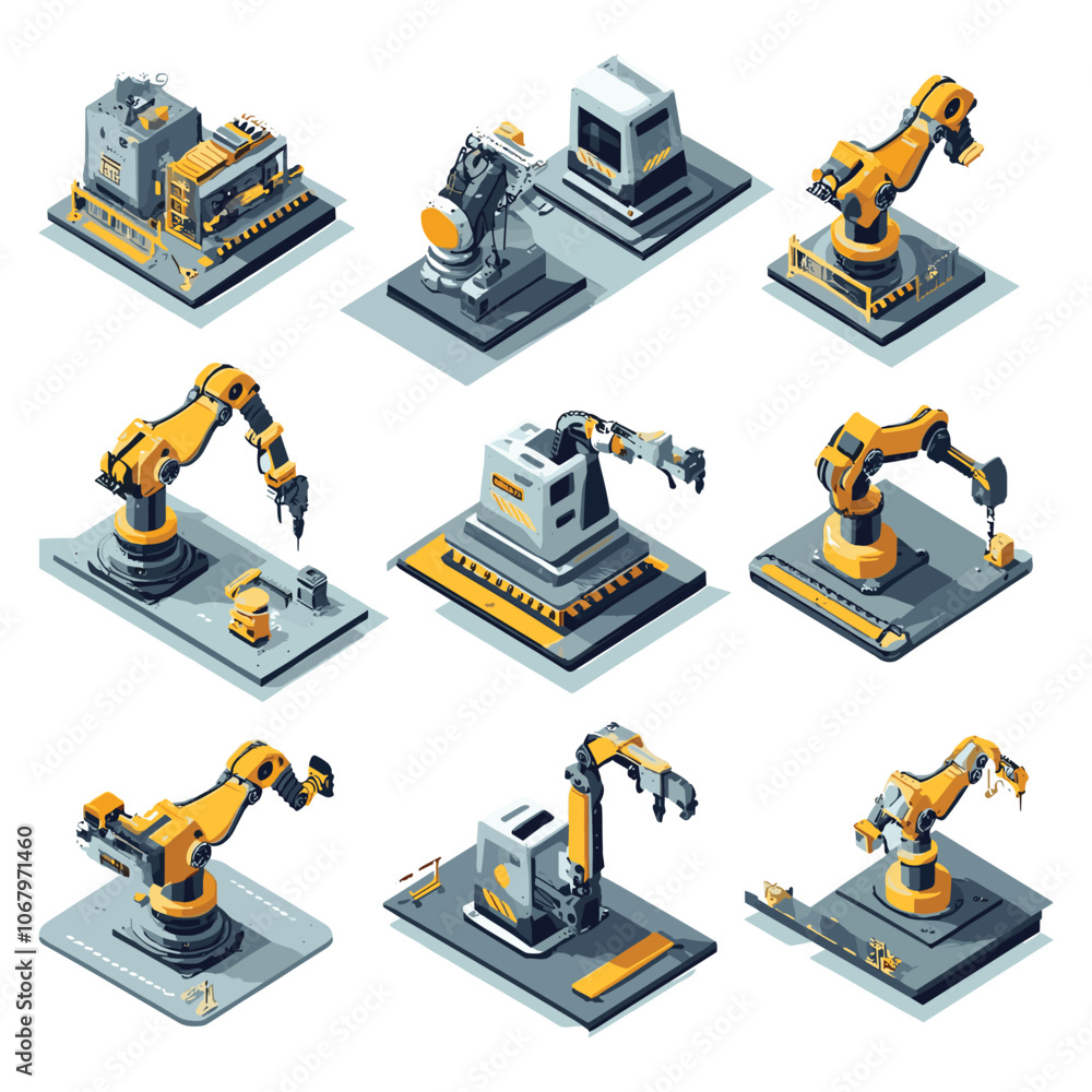 Set of Isometric Industrial Robots in Various Operational Poses Set of Isometric Industrial Robots in Various Operational Poses