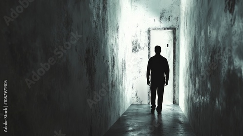 A prisoner pacing back and forth in a solitary cell, the walls stark and unwelcoming, isolated on a white background