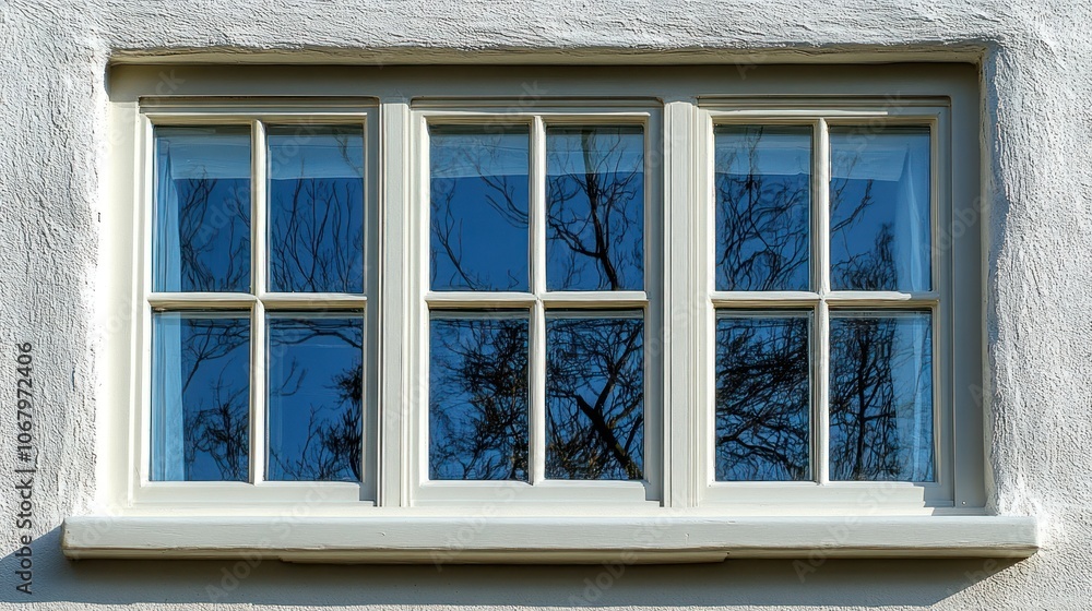 White window with three panes, reflecting blue sky and tree branches. White window with three panes, reflecting blue sky and tree branches.