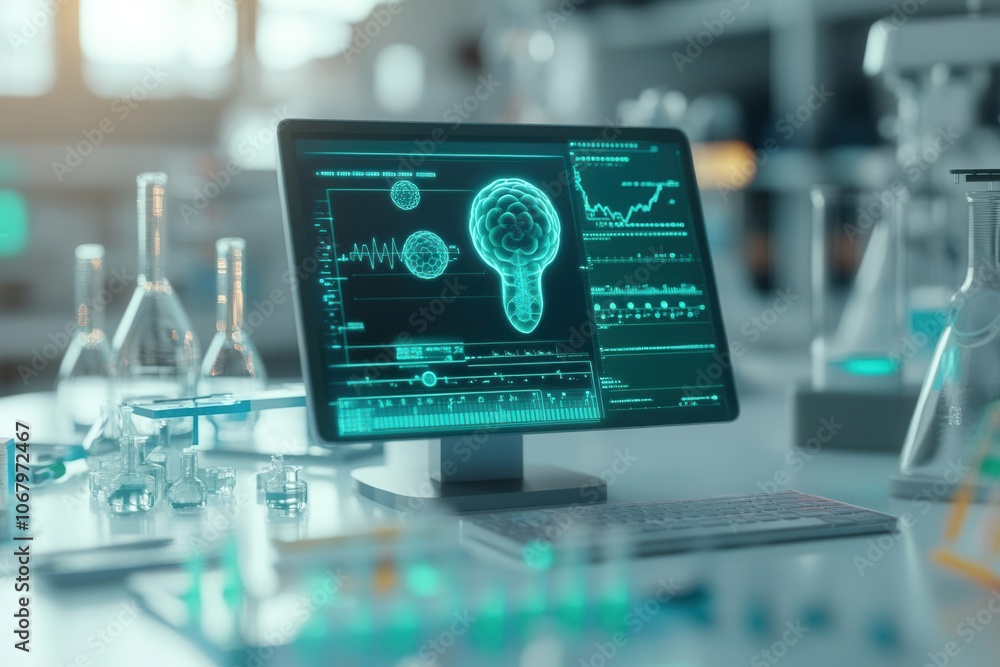 Advanced gene therapy, holographic cell scanner, sci-fi lab design, green and blue tones Advanced gene therapy, holographic cell scanner, sci-fi lab design, green and blue tones