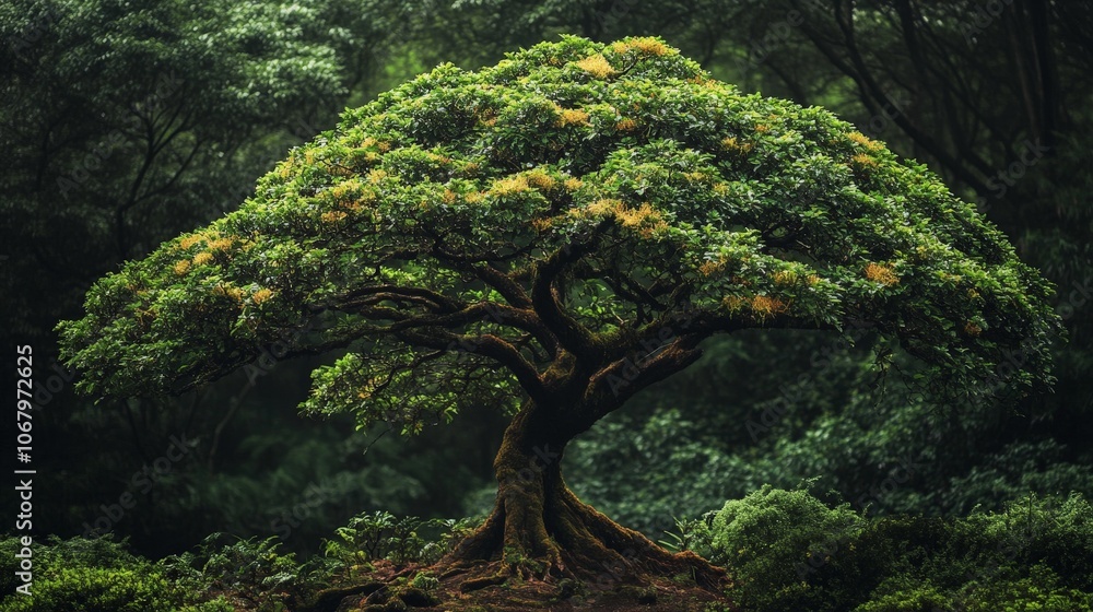 Fototapeta premium A rare tree species growing in a remote forest, its unique shape and vibrant foliage standing out