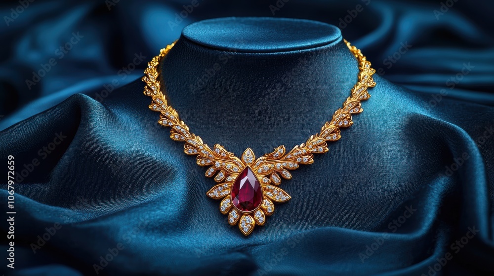 Fototapeta premium Elegant Ruby Necklace with Intricate Gold Detailing