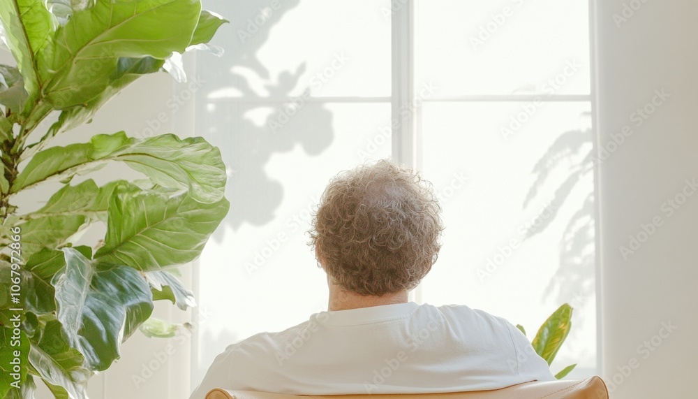 Tranquil Solitude Man Relaxing by Sunny Window with Lush Greenery Tranquil Solitude Man Relaxing by Sunny Window with Lush Greenery