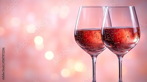 Two glasses of rose wine on a light pink background, symbolizing a romantic evening or summer party, perfect for wine shop advertisements or celebratory event invitations.