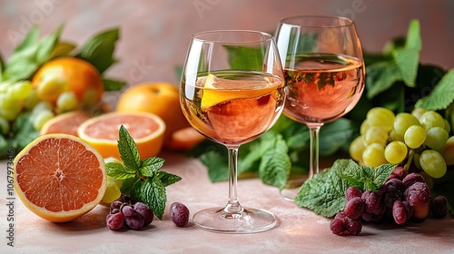 Two glasses of rose wine with fresh fruits on a light pink background, designed for banners, posters, or greeting cards promoting wine tasting events, party drinks, or summer menus with copy space.