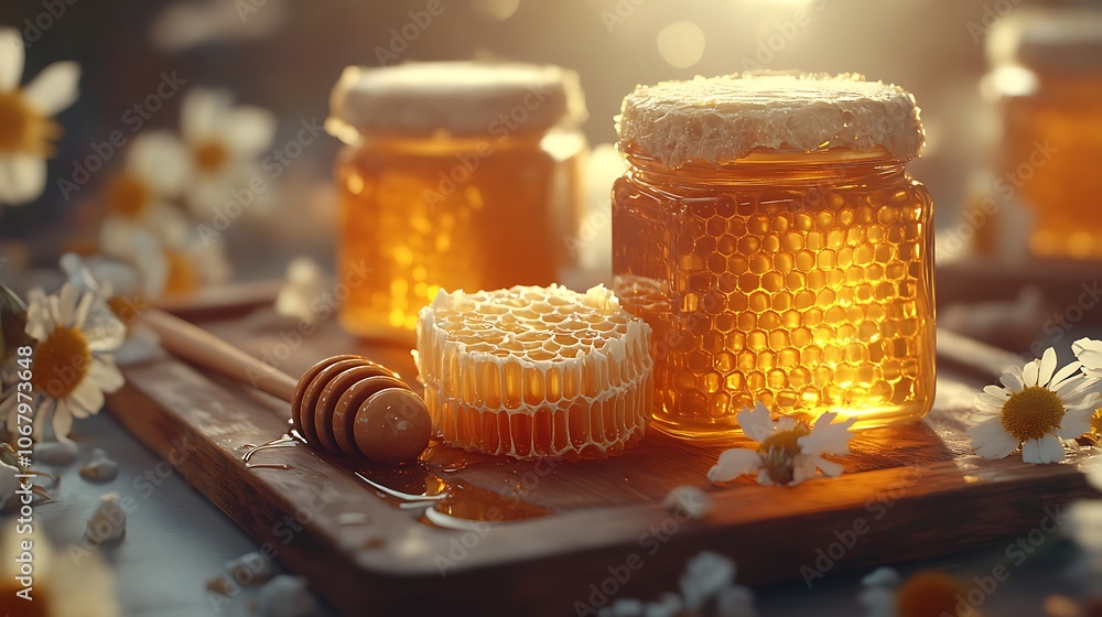 Close-up view of a wooden tray arranged with honey jars, a honey dipper resting next to them, a piece of honeycomb glowing under warm light, subtle floral accents around, rich texture, hd quality. Close-up view of a wooden tray arranged with honey jars, a honey dipper resting next to them, a piece of honeycomb glowing under warm light, subtle floral accents around, rich texture, hd quality.