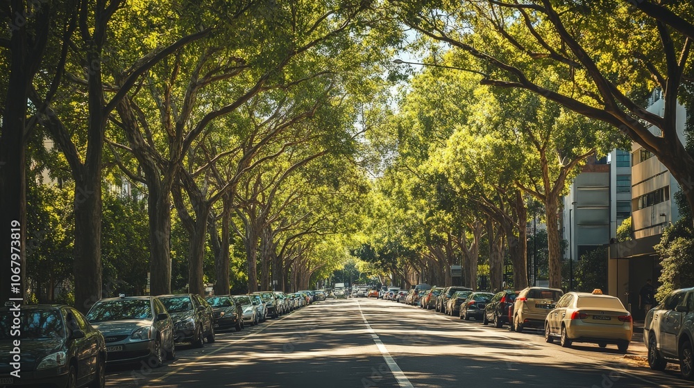 A row of urban trees lining a busy street, bringing a touch of nature to the cityscape A row of urban trees lining a busy street, bringing a touch of nature to the cityscape