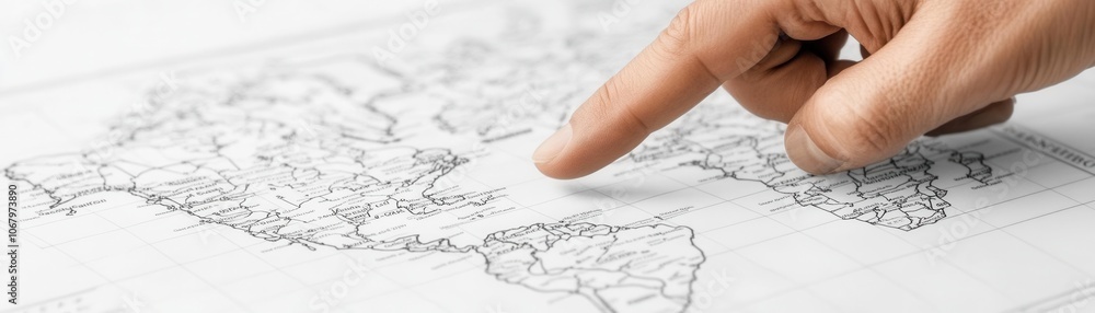 Close-up of hand pointing to global opportunity map, corporate office background, high-tech risk assessment Close-up of hand pointing to global opportunity map, corporate office background, high-tech risk assessment