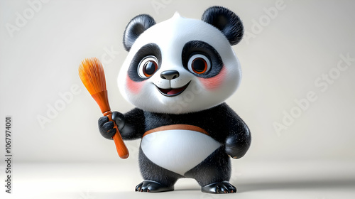 Cute Panda Holding a Brush 3D Illustration