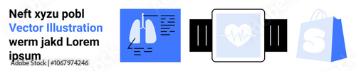 Features a lung diagnostic report, a smart watch displaying heart rate, and a shopping bag with an S indicating online shopping. Ideal for healthcare, fitness, technology, e-commerce, lifestyle