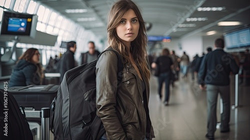 A young woman with a camera bag and a rolling suitcase, passing through an airport security checkpoint with a focused expression, modern security setup