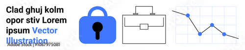 Lock symbol, briefcase, and descending line chart with blue points. Ideal for cybersecurity, business, finance, data analytics, marketing, digital strategy, IT security. Banner for landing page
