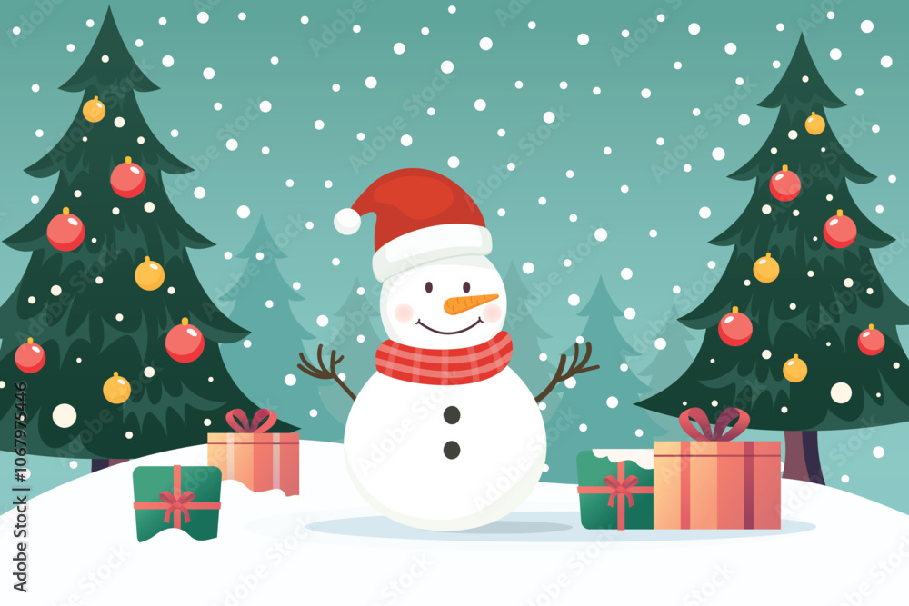 Snowman in snow field with christmas trees Snowman in snow field with christmas trees