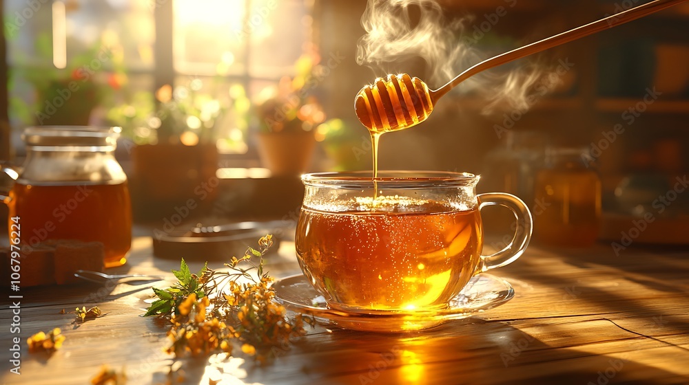 Honey dripping from a spoon into a cup of steaming herbal tea, sunlight streaming through a window, warm golden reflections on the honey and glass jar, rustic kitchen setup, rich textures, Honey dripping from a spoon into a cup of steaming herbal tea, sunlight streaming through a window, warm golden reflections on the honey and glass jar, rustic kitchen setup, rich textures,