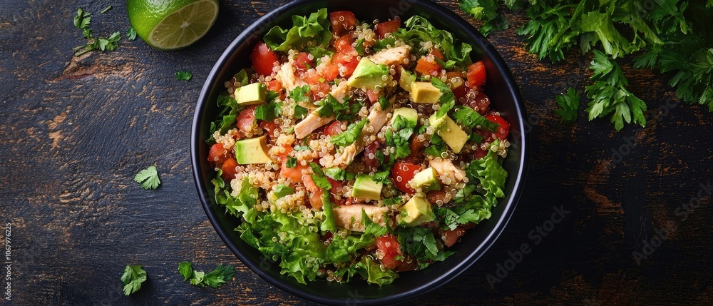 Quinoa salad with chicken, avocado, tomatoes and herbs in a bowl. Quinoa salad with chicken, avocado, tomatoes and herbs in a bowl.
